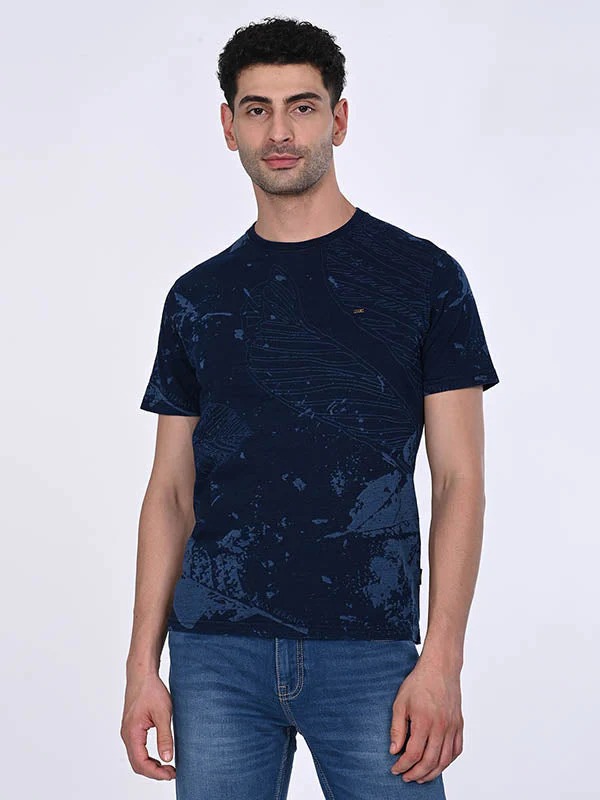 Indian Terrain Men's Half Sleeve Regular Fit Dark Blue Round Neck T-Shirt